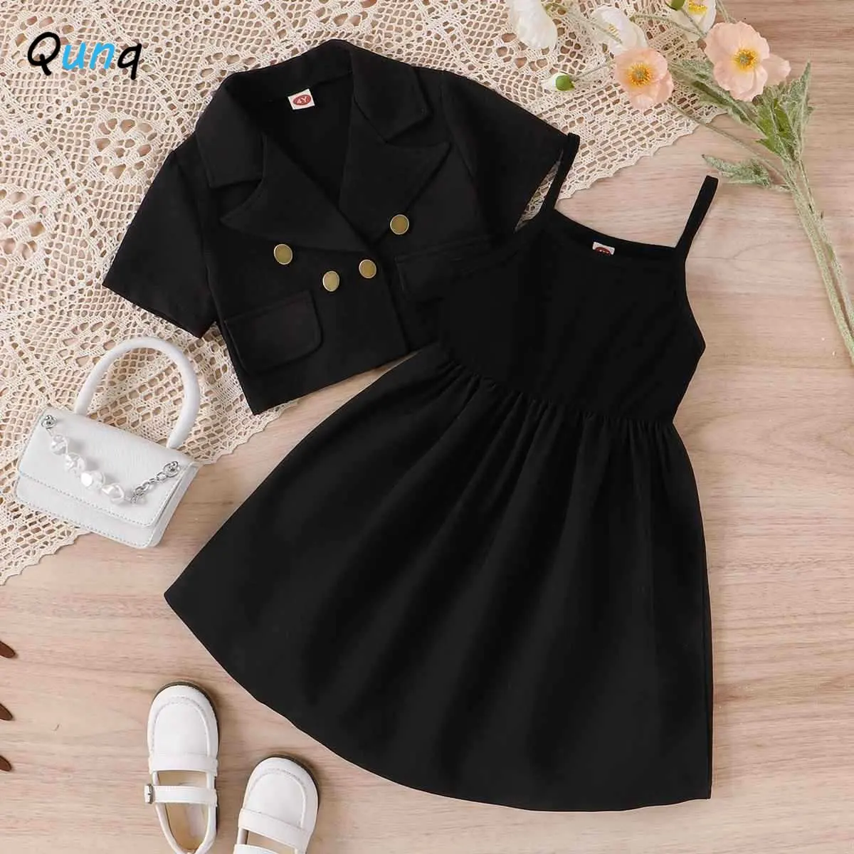 

Qunq, Новинка лета 2023, однотонное пальто с отложным воротником и коротким рукавом для девочек + платье на бретелях, комплект из 2 предметов, пов...