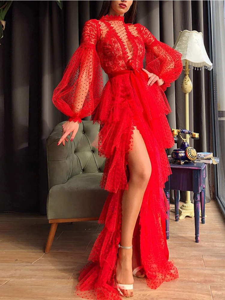 

Sexy Red Tulle Dress Women Dot Flocking Layer Ruffles Slit Maxi Long Fairy Dress Spring Fall See Through Evening Party Club Robe