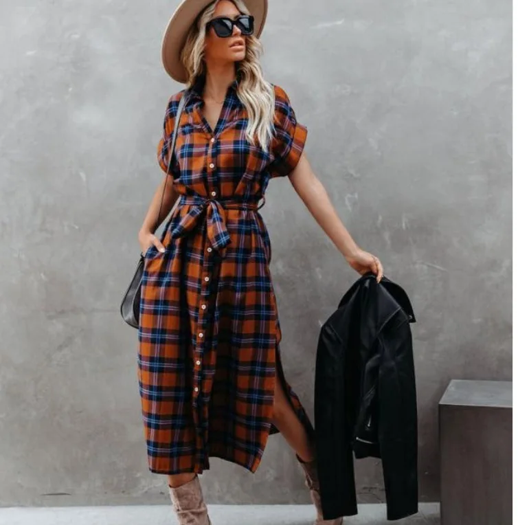 

Spring And Summer New Short-sleeved Long Waist Plaid Dress