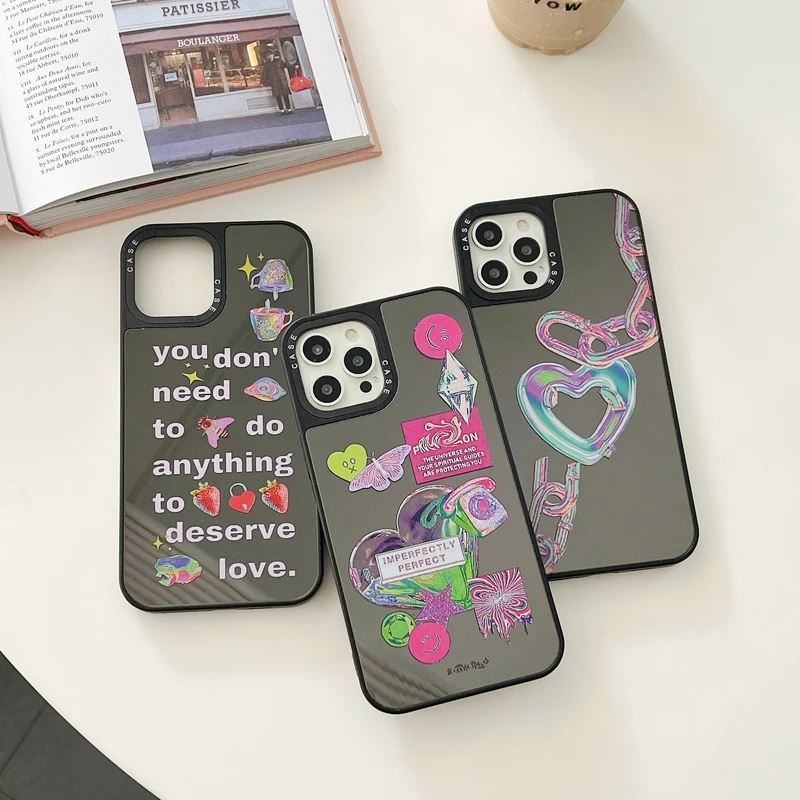 

Korean Cute Graffiti Letters Label Love Heart Mirror Phone Case For iPhone 11 12 13 Pro Xs Max Xr X 7 8 Puls SE 2 Hard Cover