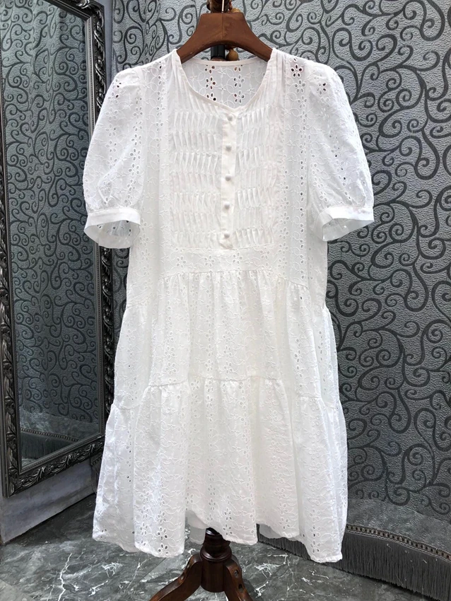 2023 new women fashion bubble short sleeve round neck hollow embroidery straight simple dress 0509