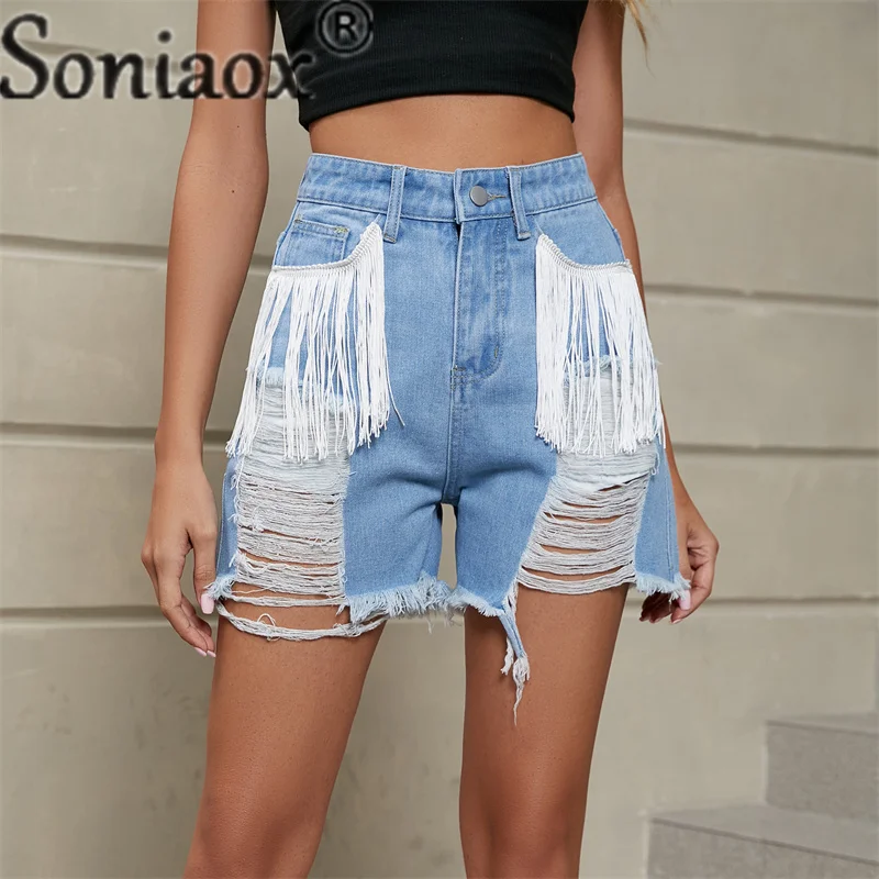 Fashion Broken Holes Splicing Tassels Denim Shorts Women's Street Casual Three-quarter Pants Female Daily Summer Straight Jeans