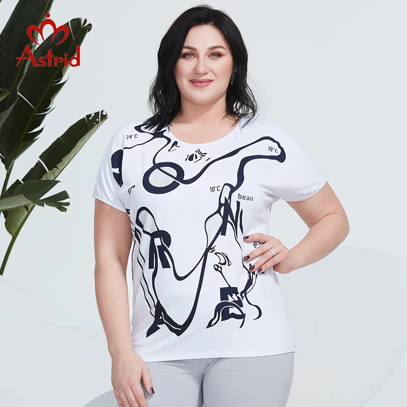 

Летняя женская футболка Astrid, хлопковый топ, женская одежда больших размеров, винтажная мода, модные ромбовидные принты, блузки с круглым выр...