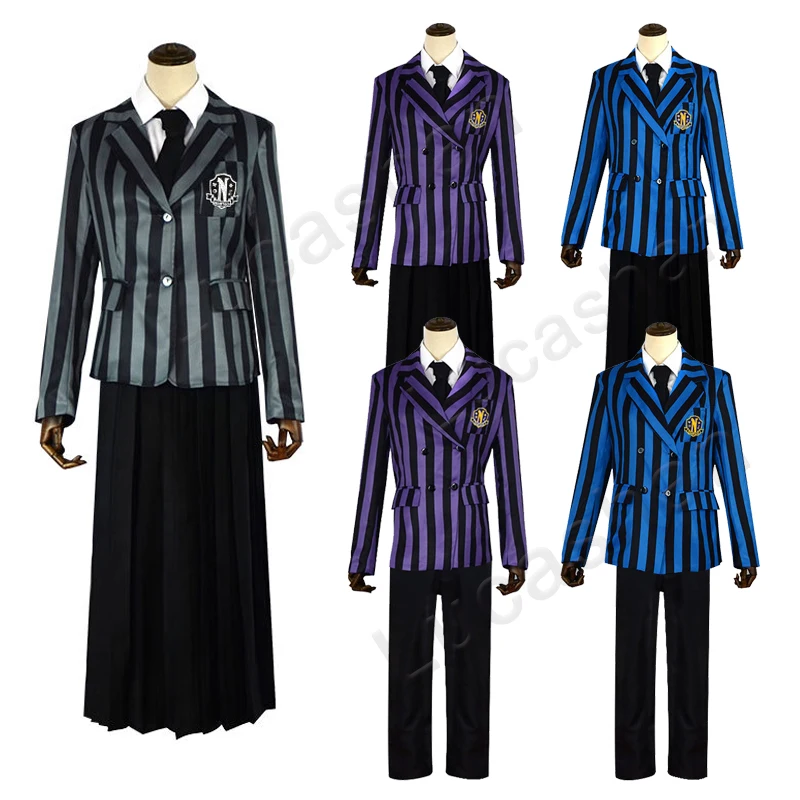 

Wednesday Addams Family Cosplay Costume Nevermore Academy School Uniform Coat Skirt Shirt Pants Tie Stripe Suit Halloween Clothe