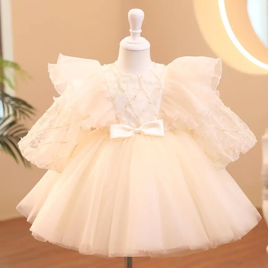 Children's Princess Ball Gown Bow Mesh Stitching Wedding Birthday Party Christening Prom Dresses For Girls Christmas A1799
