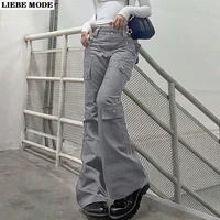 women vintage grey denim cargo pants woman streetwear casual low waist chic straight jeans trousers for ladies
