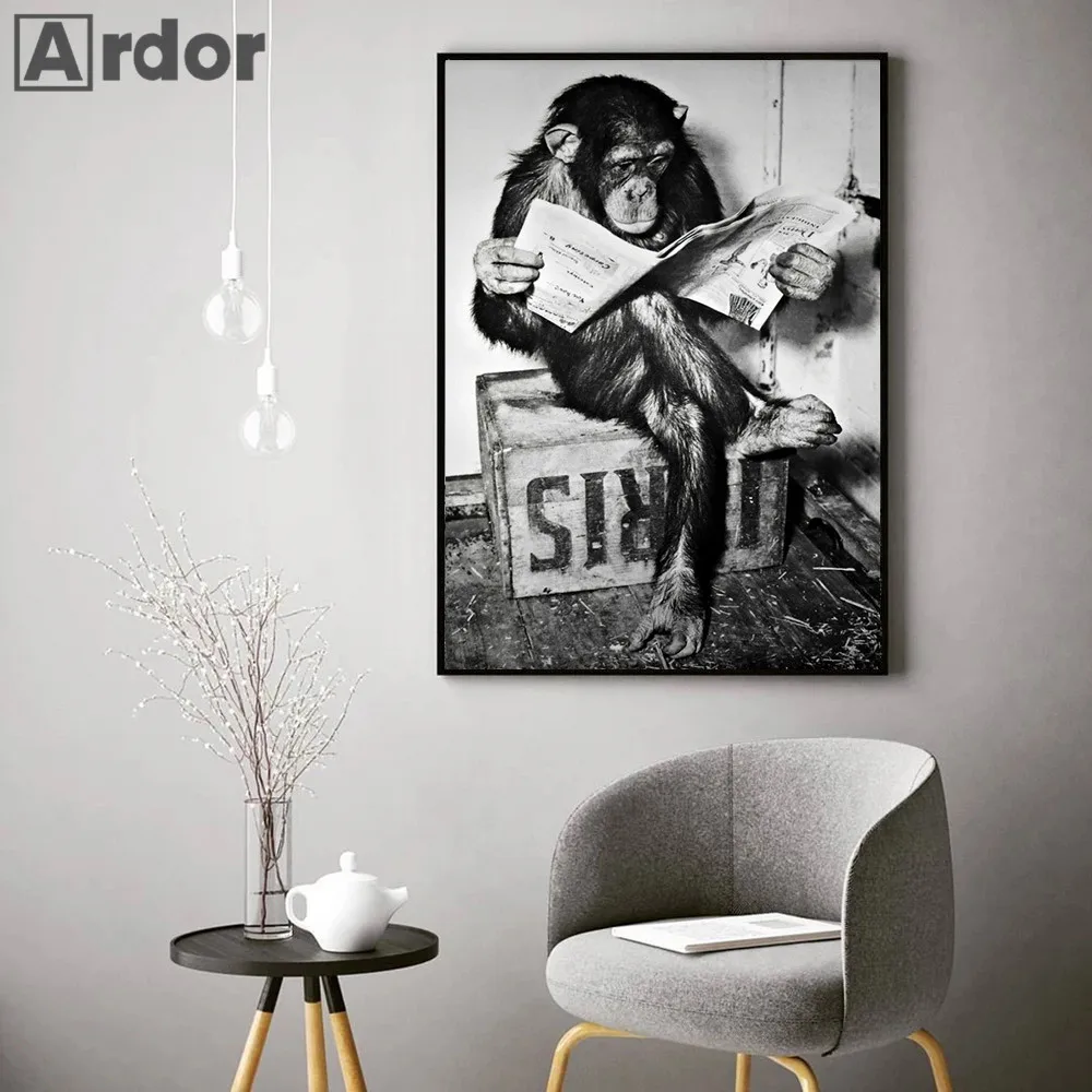 Черно-белая Художественная печать забавная обезьяна холст плакат газета для