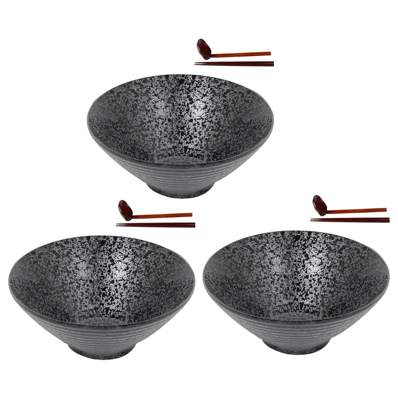 

New 3X Ceramic Japanese Ramen Soup Bowl With Matching Spoon And Chopsticks, Suitable For Udon, Soba, Large Size