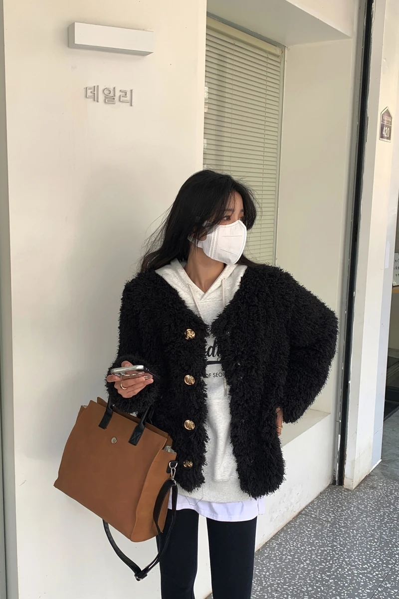 New Lazy Style Autumn All-Matching Loose Black Tassel Furry Coat Women's Single-breasted Environmental Fur Short Jacket