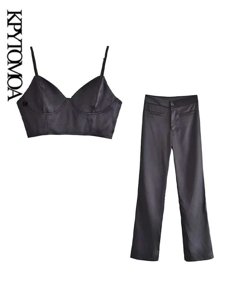 

KPYTOMOA Women Fashion Backless Smocked Elastic Cropped Camis Tops And High Waist Zipper Fly Female Trousers Female Suits Mujer