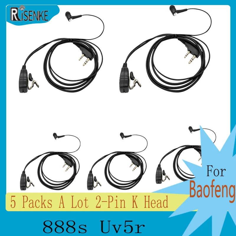 RISENKE 5 Packs A Lot 2-Pin K Head Plug In-Ear Style Walkie Talkie Earpiece Headset Earphone with PTT Mic for Baofeng 888s Uv5r