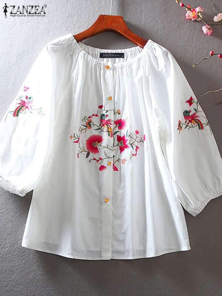 ZANZEA Винтажная Женская Осенняя Блузка С Круглым Вырезом И Рукавами 3/4 На Пуговицах