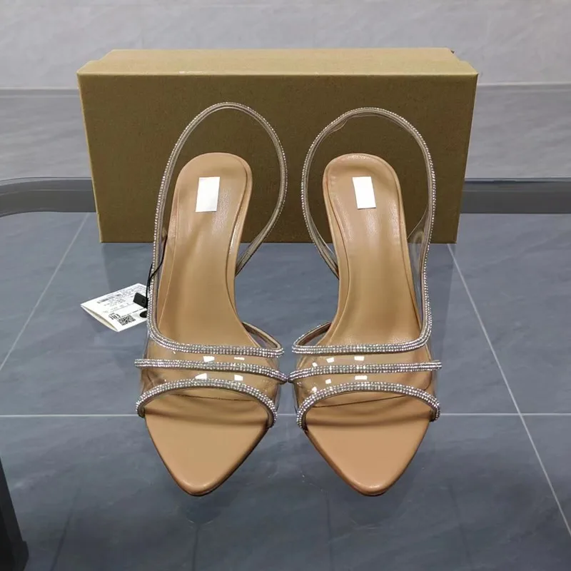 Summer Natural Color Bright Inlay High Heeled Sandals Female Fine with Pointed High Heels Sexy Fashion Rhinestone Party Shoes