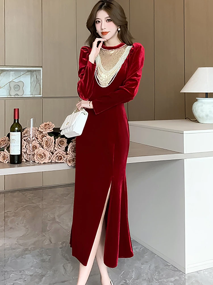 Женское красное бархатное лоскутное роскошное вечернее платье с бисером 2024