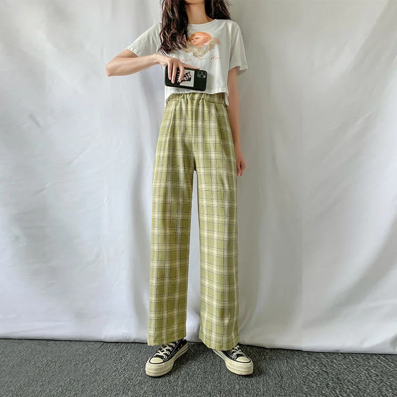 

2021 Women Cyber Y2k Winter Slim Green Plaid Pants Female Indie All-match Wide Leg Casual Pants Harajuku Clothes for Woman 2000s