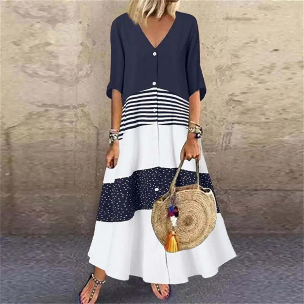 

Sundress robe femme été V-neck Half Sleeve Large Hem Maxi Dress Dot Patchwork Printed Buttons Shirt Dress Vestidos summer dress