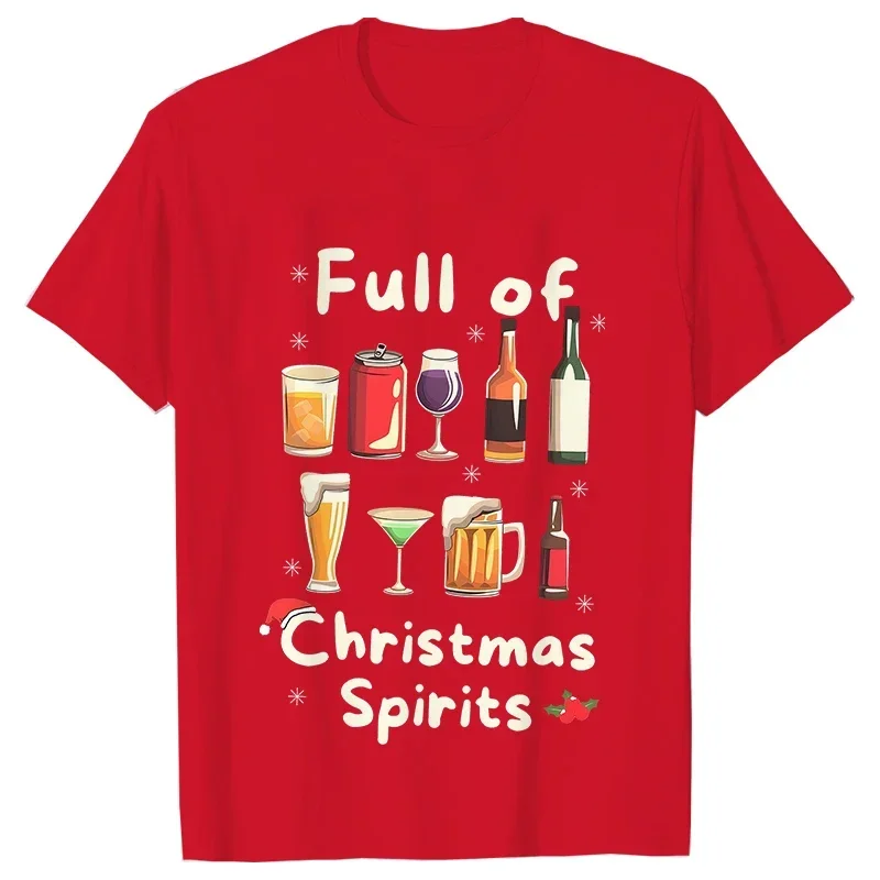 Funny Christmas Party T-Shirt Full of Spirits Tees Merry Xmas Drinking Beer Men Clothing Casual Short Sleeve Y2k Tops