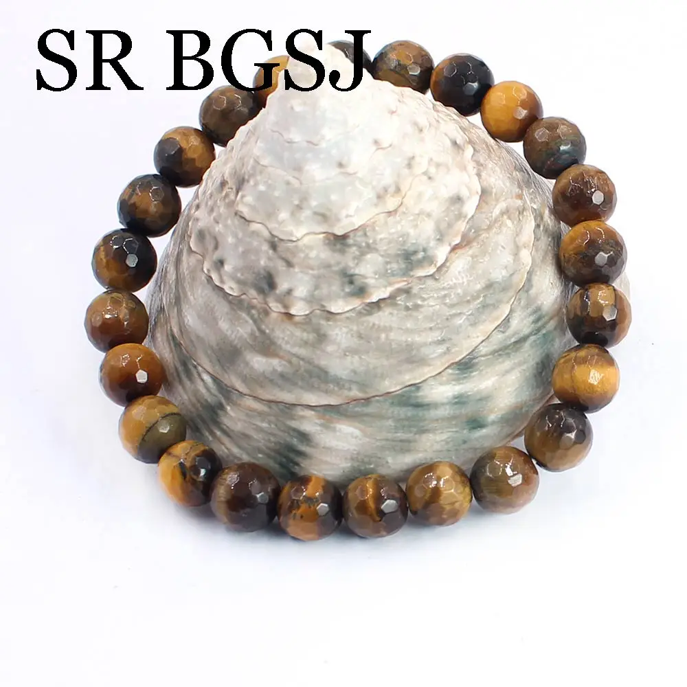 

8mm Faceted Yellow Tiger's Eye Beaded Woman Jewelry Round Stone Bracelet Man Bangle Bracelet 7.5"