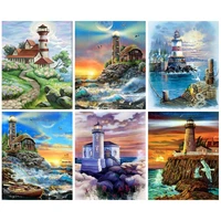 gatyztory modern painting by numbers with frame handmade picture drawing seaside lighthouse paint for painting home decor gift