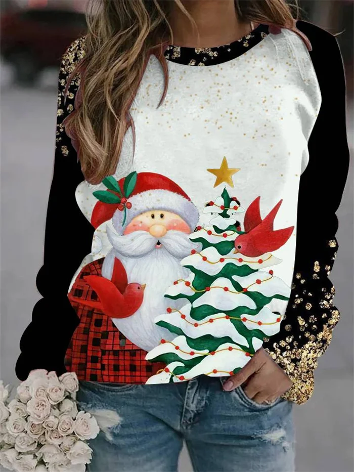 

Spring and Autumn 2022 New Loose Women's Tops Santa Claus Snowflake Print Raglan Long Sleeve Round Neck Casual Sweater