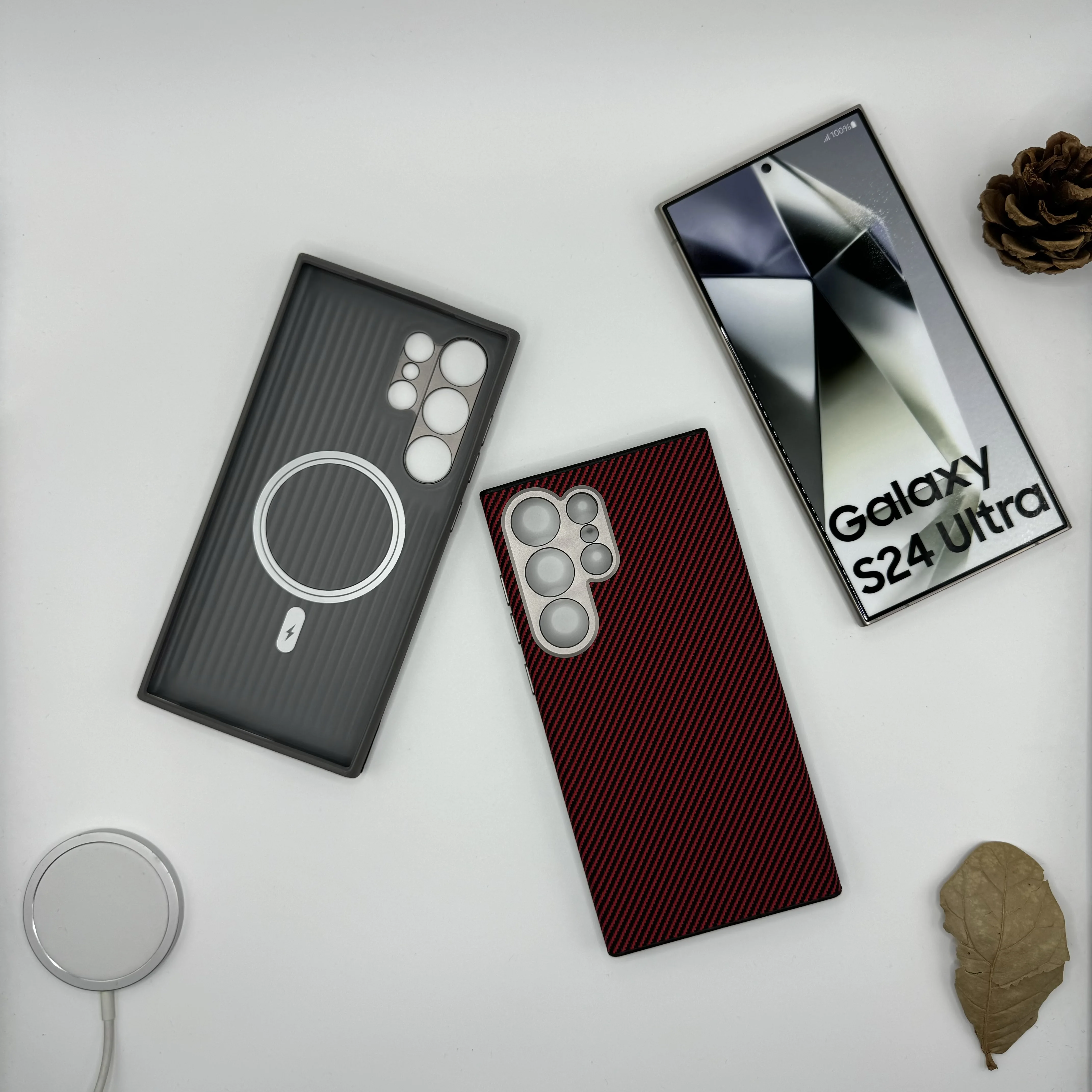 Матовый чехол MagSafe из углеродного волокна и кожи для Samsung Galaxy S24