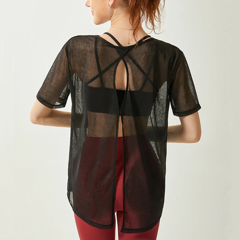 Summer Women Thin Loose Mesh Yoga Tops Short Sleeves Sport T-Shirts Quick Dry Forked Running Shirt Gym Workout Top Blouse Female