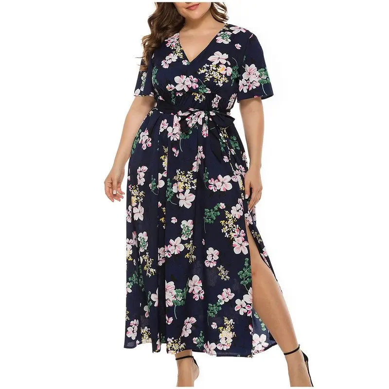 

Women`s Summer Plus Size Maxi Dress Casual Boho Floral Print Wrap Dress V Neck Waist Tie Short Sleeve Party Beach Split Swing Lo