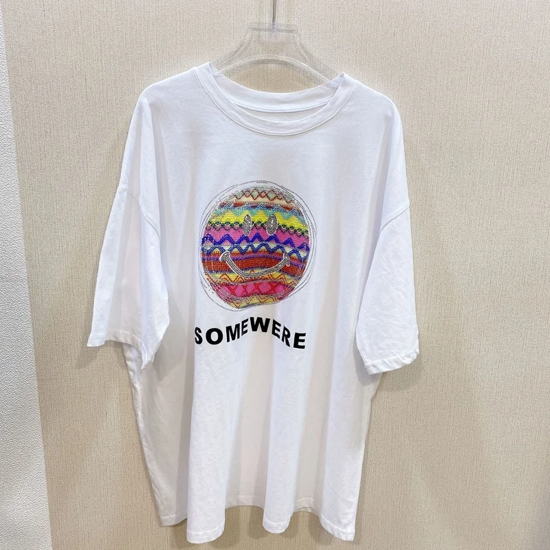 

Korean Ins Diamond Smile Face Women T-shirt 2022 Summer Light Luxury Loose White Short-sleeved Top Y2k Aesthetic Tees