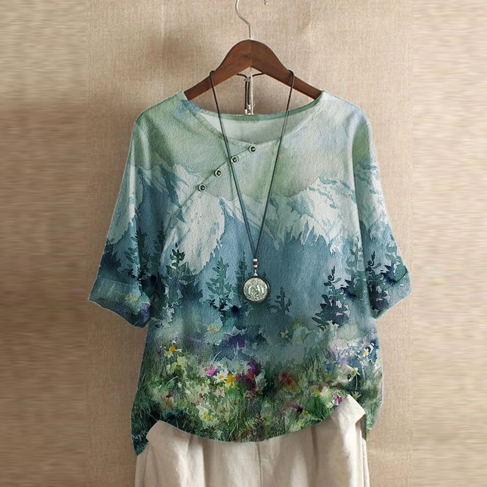 

Women's Summer New Fashion Casual Linen Shirt Round Neck Landscape Printing T-shirt Short Sleeve Tops Loose Blouse S-3xl