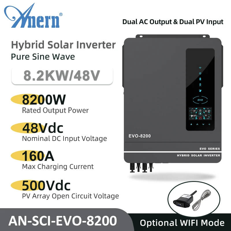 

Anern ON/OFF Grid Tie 8.2KW 10.2KW Hybrid Solar Inverter 48V 500VDC MPPT 160A Charger Pure Sine Wave Inverter Dual Output&Input