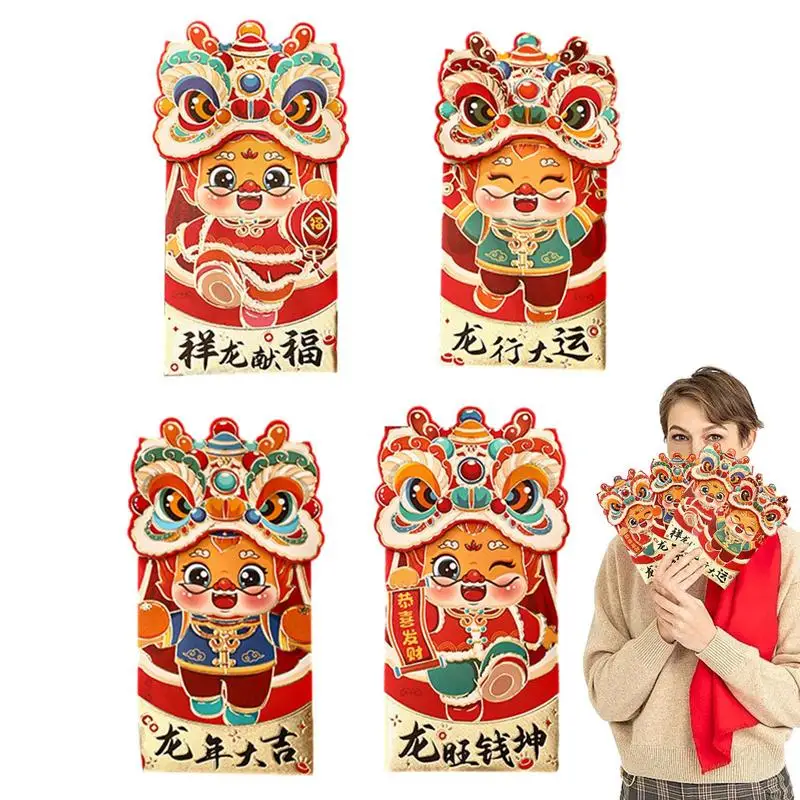 

4 pcs Chinese New Year Red Envelopes Traditional Blessing Card Slot Folding Hong Bao New Year Gift For Father Mother Wife