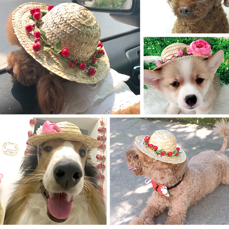 

Summer Dog Pet Hat Small And Medium Dog Hawaii Style Funny Cat Cap Decoration Bamboo Dragonfly Straw braid Dog Hat Pet Supplies