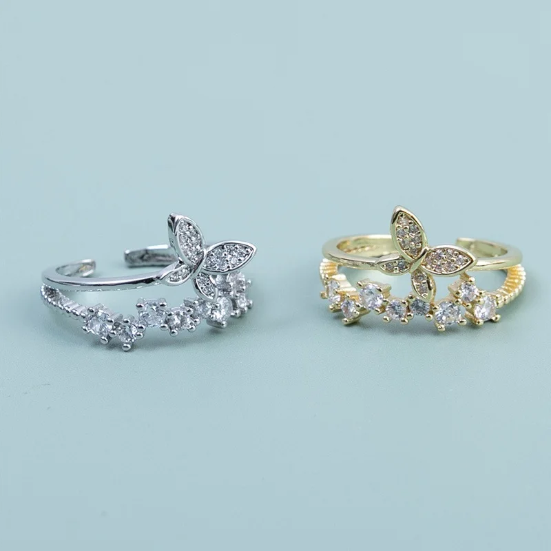 

Fashion Jewelry Double Butterfly Ring With Female Diamond-encrusted Brass Opening Adjustable Ring