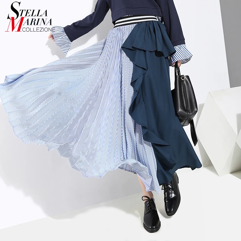 

Женская длинная Плиссированная юбка в полоску, с оборками и эластичной резинкой на талии, стильные вечерние юбки трапециевидной формы, моде...