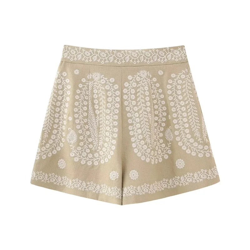 

Shorts Boho Zip High-Waisted Linen Straight Shorts Cortos Embroidery Short Women Shorts Embroidery Short Female