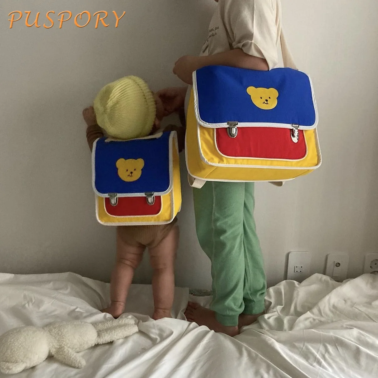 

Cartoon Bear Canvas Baby Backpack Light Large Space Go Out Baby Supplies Storage Shoulder Bag Outdoor Outing Portable Backpack