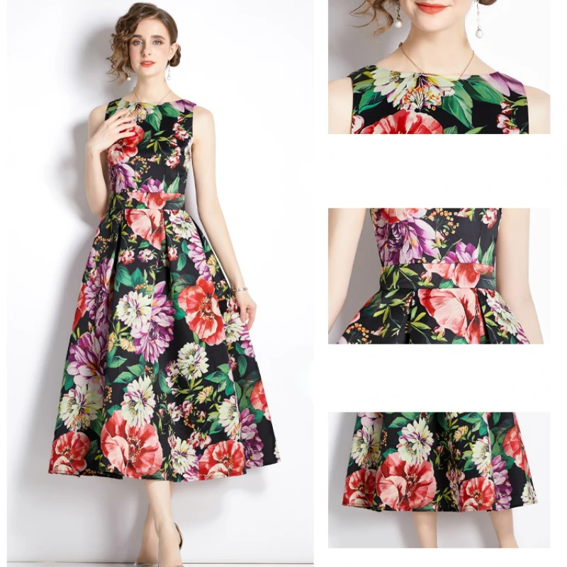 Женское летнее платье-трапеция без рукавов с цветочным принтом и высокой талией
