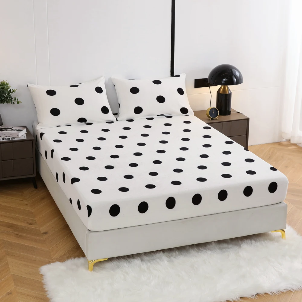 

Black Polka Dots Winter Flannel Soft Fitted Sheet With Elastic Band solid Bed Sheet Cover Easy Care And Clean