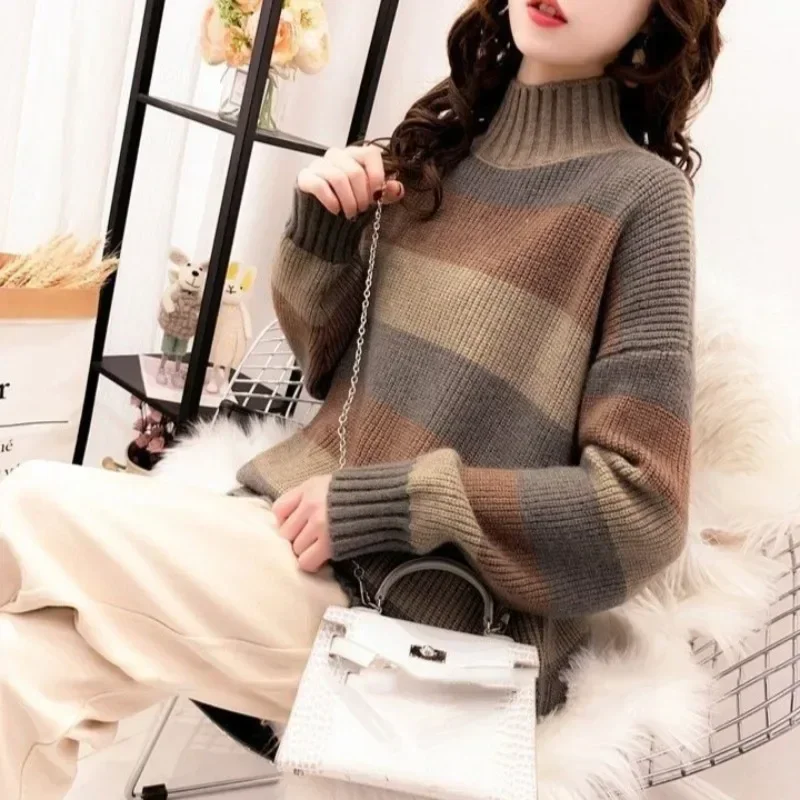 Винтажный корейский модный полосатый вязаный свитер с v-образным вырезом и