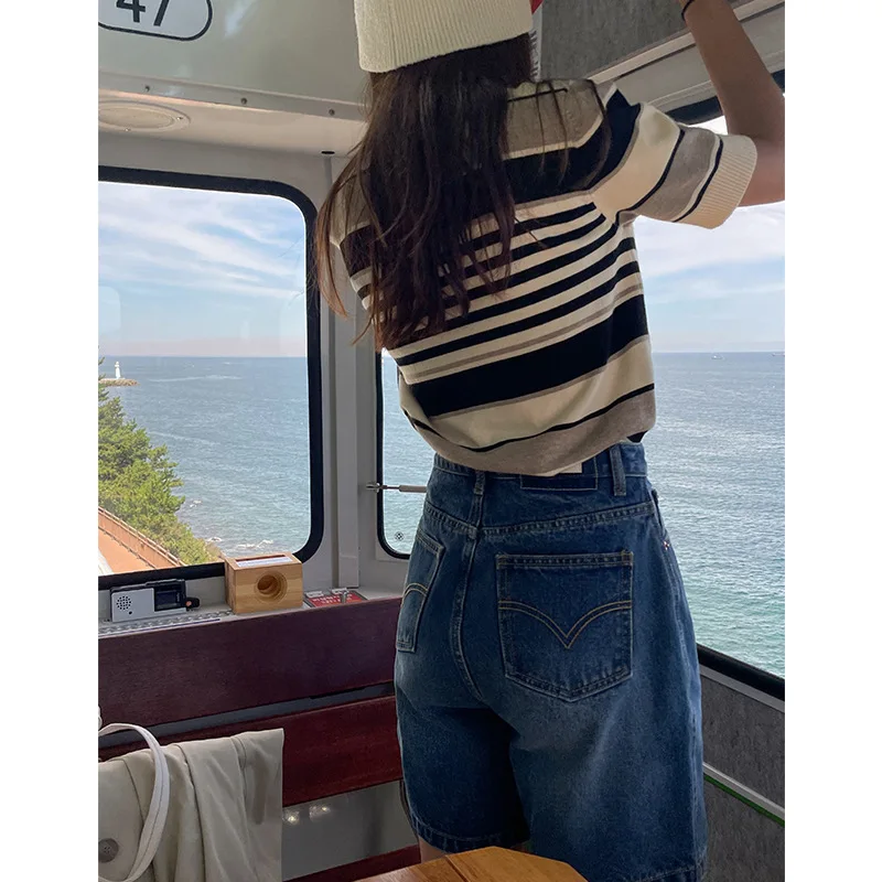 

Retro Hong Kong Flavis Denim Short Panties Women's New Bacroile Pants High Waist Five Pants