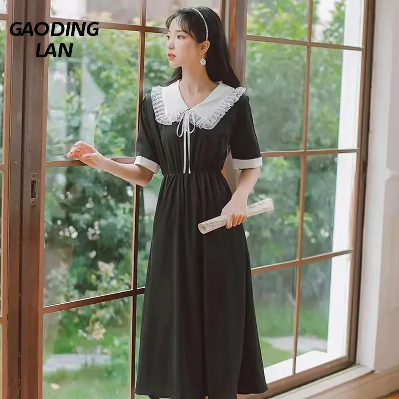 

Summer Women Short Sleeve Vintage Dress Peter Pan Collar High Waist A Line Multi Panel Contrast Waistband Temperament Dresses
