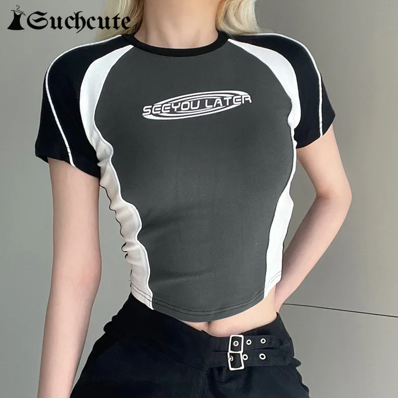 

SUCHCUTE Moto Biker Letter Print Women T-shirts Gothic Short Sleeve Crop Tops Grunge Streetwear Skinny y2k Patchwork Clothes 90S