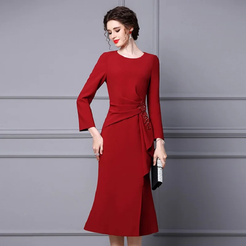 

Novia Party 2023 Spring Summer Party Cocktail Women Beading Deco Split Sexy Long Sleeve Midi Bodycon Mermaid Dress Red XXXL Size