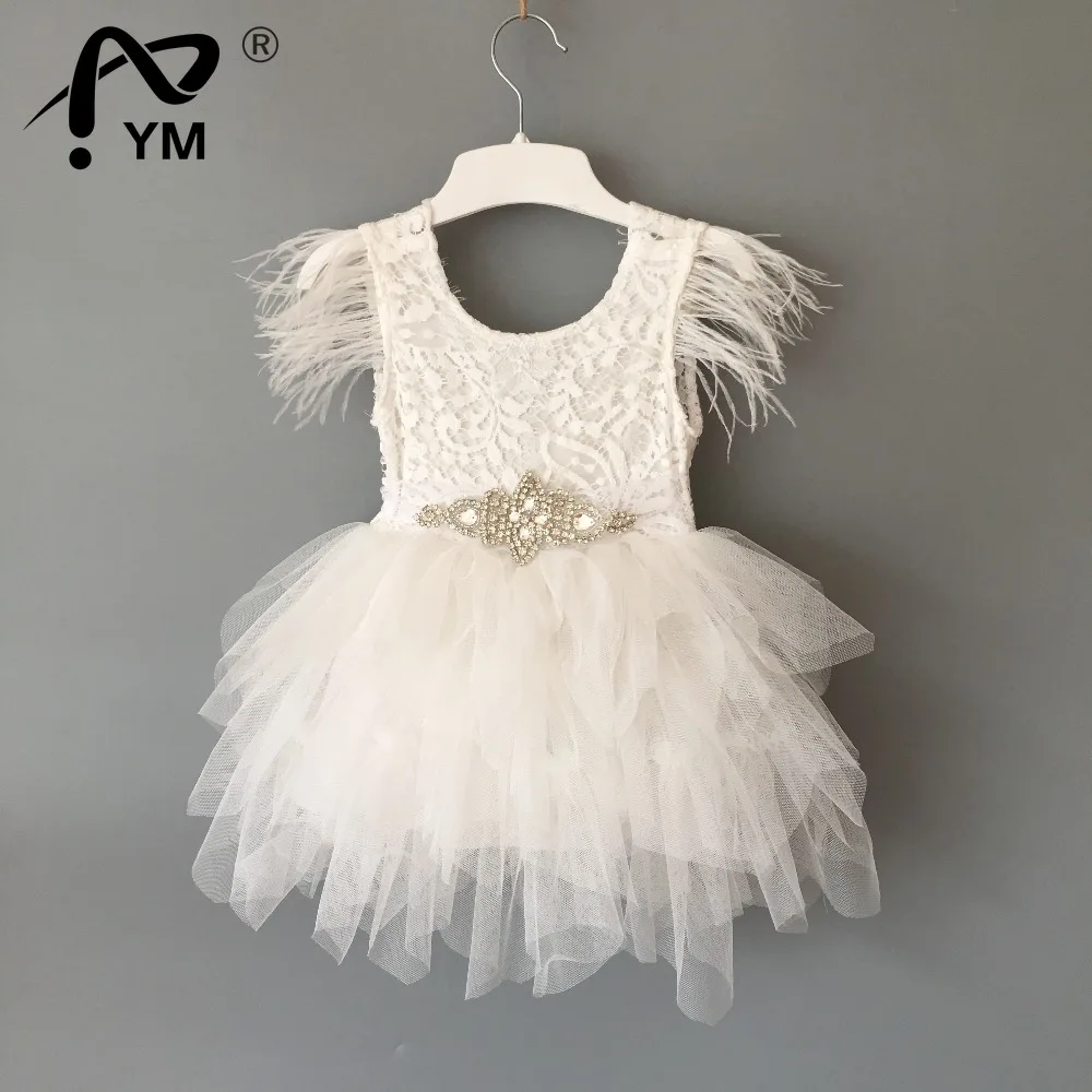 New Princess baby feather dress 1st birthday party toddler girls lace flying sleeve summer dress kids tutu clothing with sashes