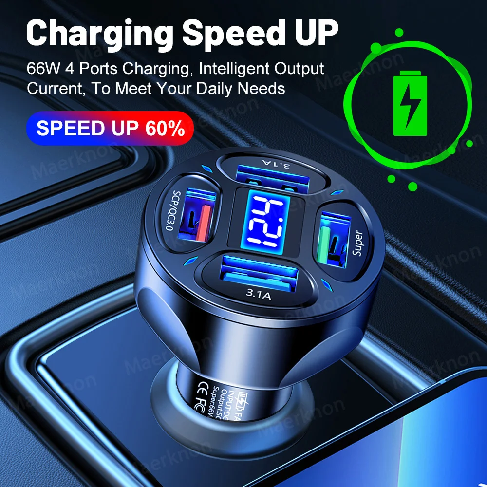 

66W Car Charger Fast Charging QC 3.0 4 Ports USB Chargers in Car For iPhone 14 13 12 Xiaomi Huawei Samsung Mobile Phone Adapter