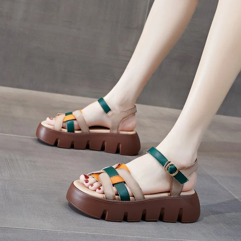 CICIYANG Roman Sandals for Women Genuine Leather Summer 2023 New Ladies Platform Wedge Flats Retro Woven Peep Toe Shoes Handmade