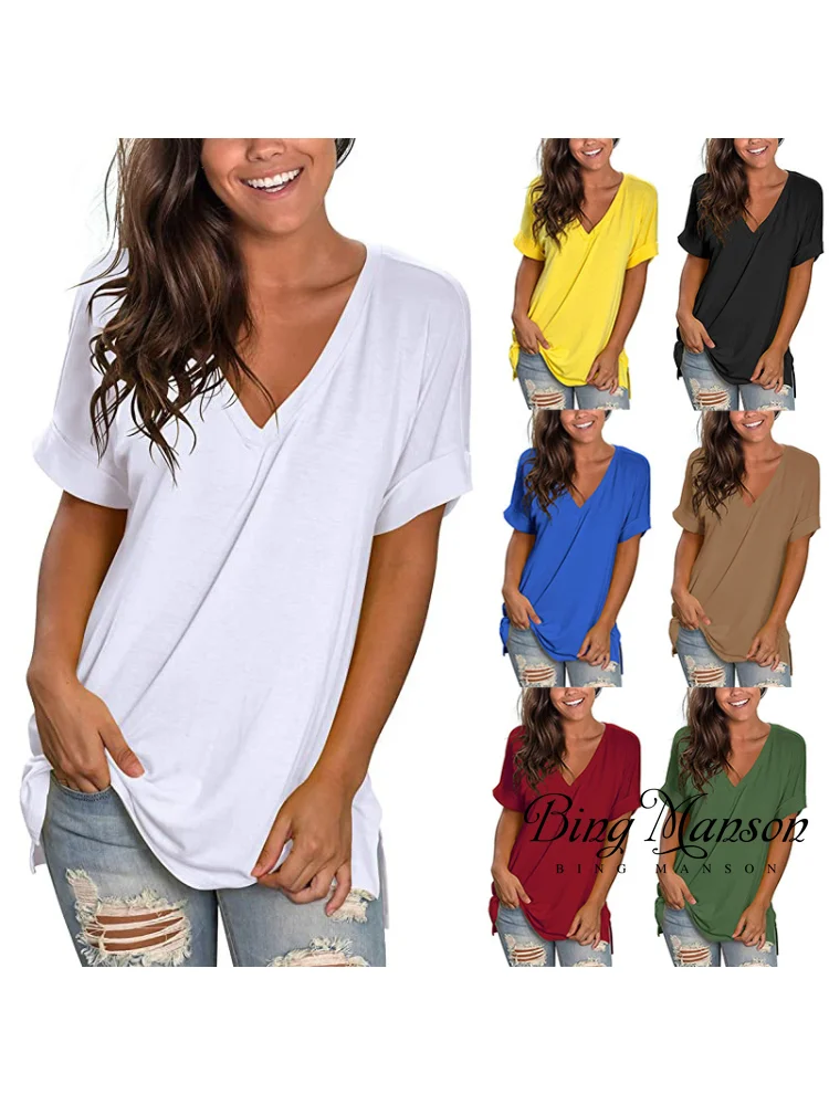 

Женский летний топ с V-образным вырезом, свободная Однотонная футболка с коротким рукавом, уличная одежда, Y2k, одежда в стиле Харадзюку, 2023