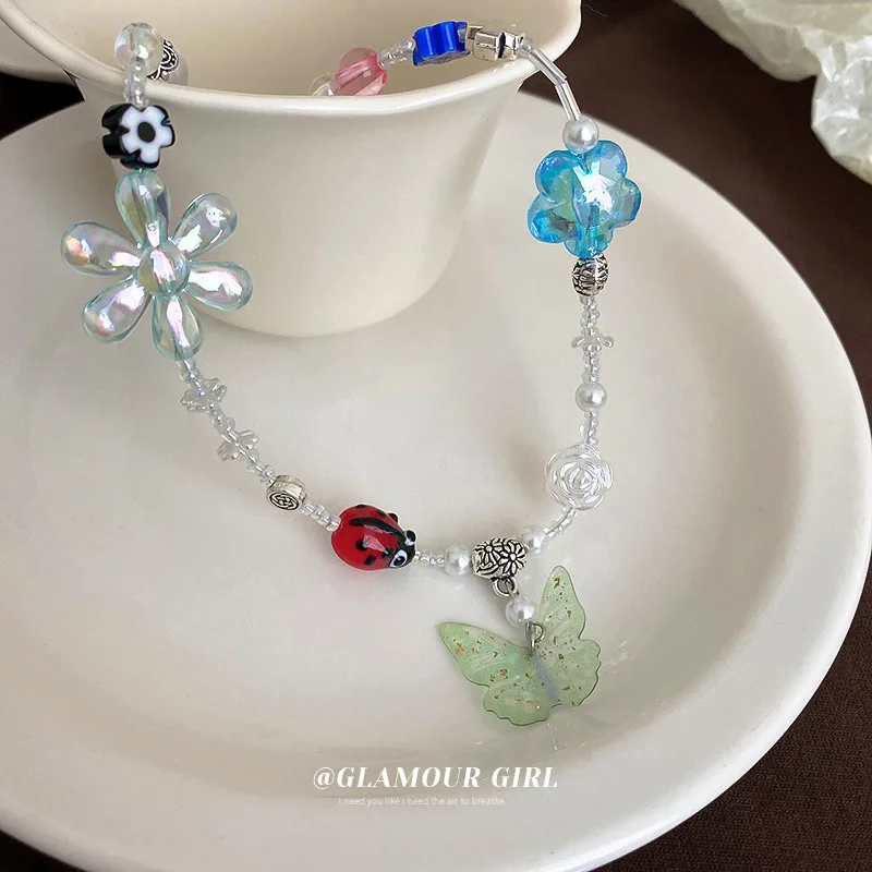 

Minar Bohemia Rainbow Arcylic Butterfly Flower Pendant Necklace for Women White Faux Pearl Strand Chain Choker Necklaces Jewelry