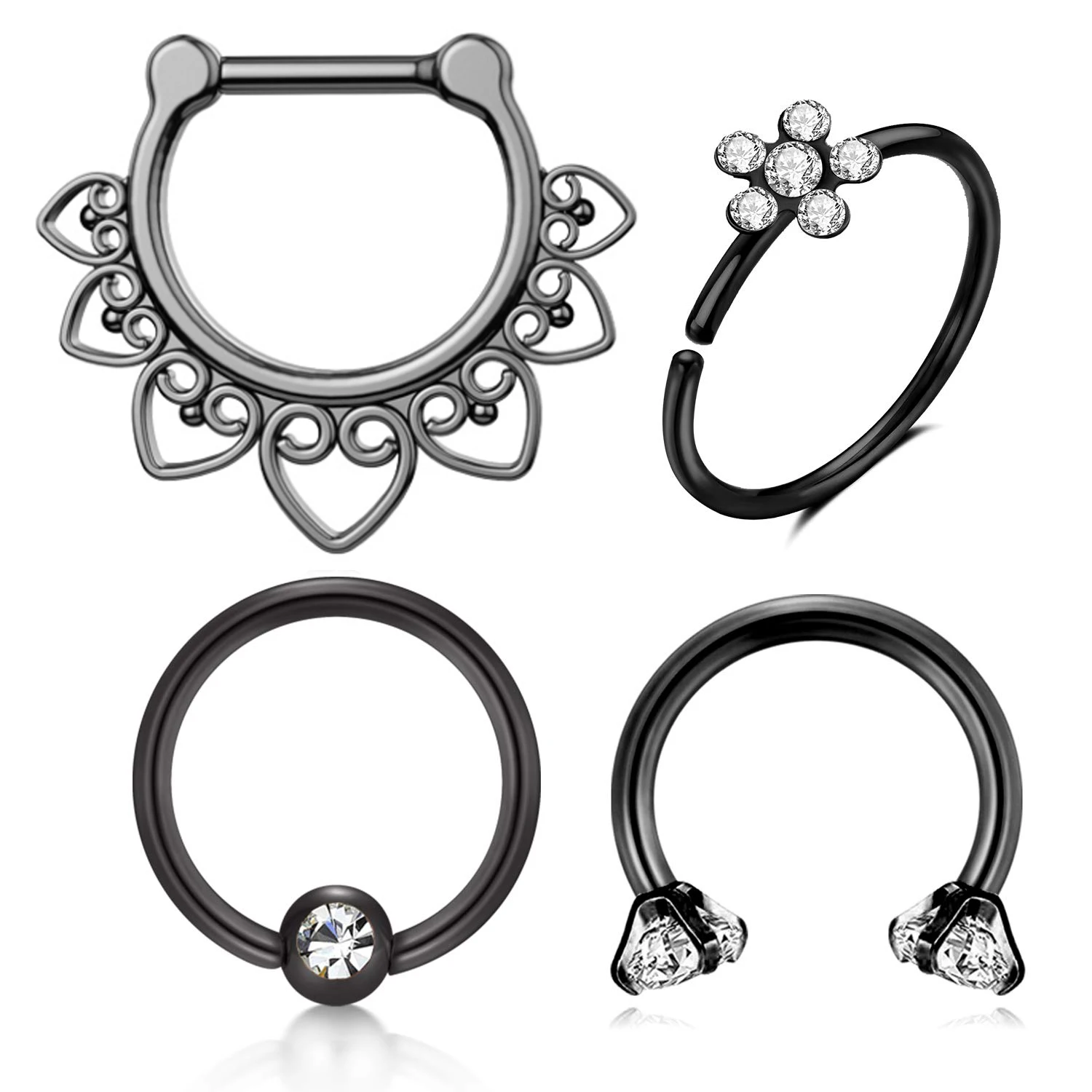 

4 Pcs Black Stainless Steel Tragus Cartilage Helix Earring Stud Labret Lip Rings Daith Rook Conch Nose Hoop Piercing Jewelry