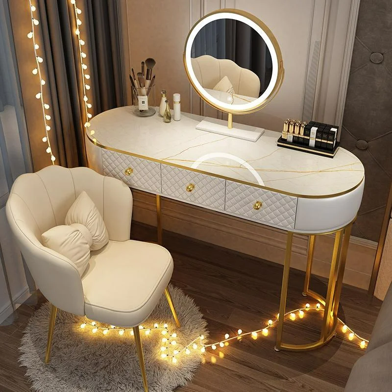 

Nordic Modern Minimalist Bedroom Furniture Dresser with LED Mirror Light Luxury Makeup Tables with Drawer Vanity Dressing Table